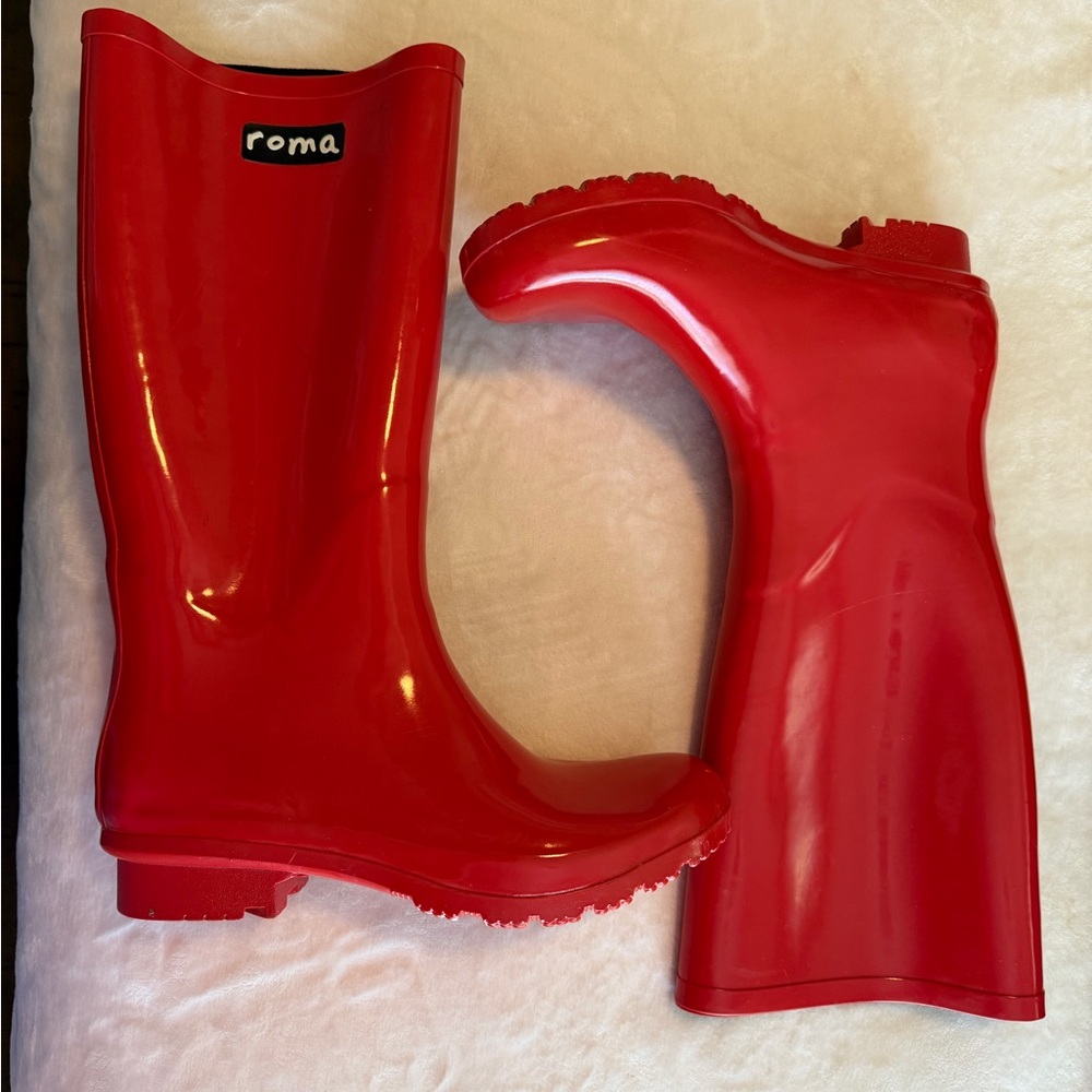 Roma Shiny Red Tall Rain Boots Sz 9 - Picture 2 of 6